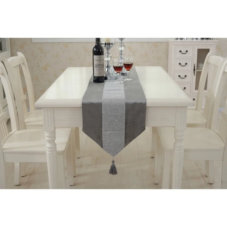 Elegant Rhinestone Dining Table Runner Tablecloth + 2PCS Placemats - Grey