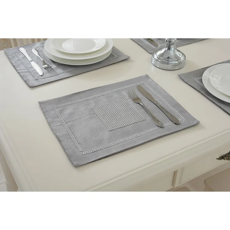 Elegant Rhinestone Dining Table Runner Tablecloth + 2PCS Placemats - Grey
