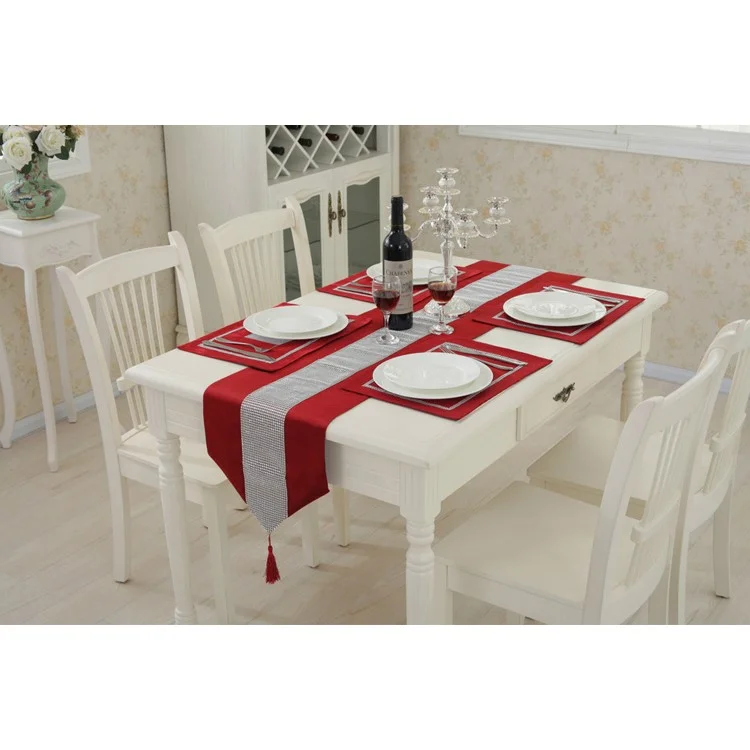 Luxury Table Runner Modern Tablecloth with Rhinestone + 2PCS Placemats - Red