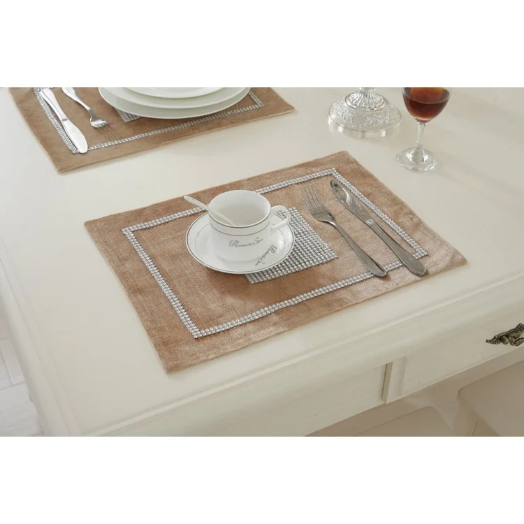 Modern Rhinestone Dining Table Runner Tablecloth + 2PCS Placemats - Beige