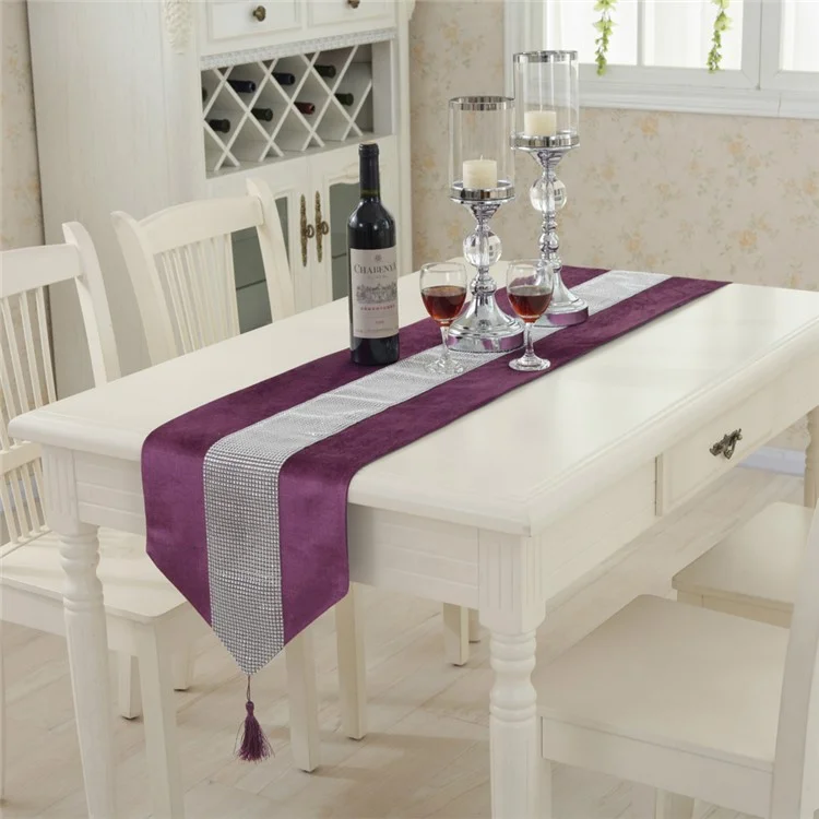Modern Rhinestone Dining Table Runner Tablecloth + 2PCS Placemats - Purple
