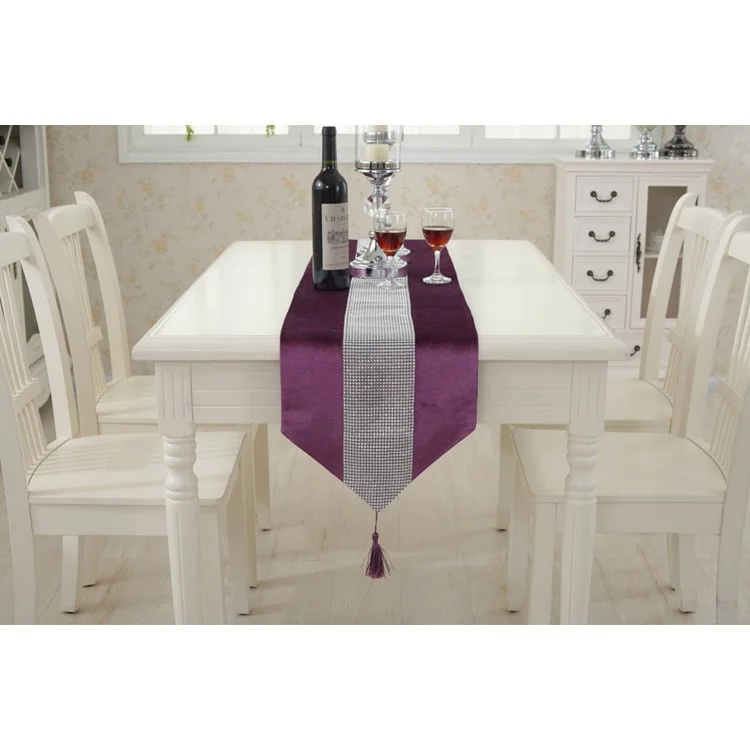 Modern Rhinestone Dining Table Runner Tablecloth + 2PCS Placemats - Purple
