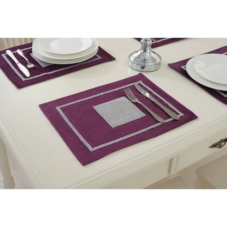 Modern Rhinestone Dining Table Runner Tablecloth + 2PCS Placemats - Purple