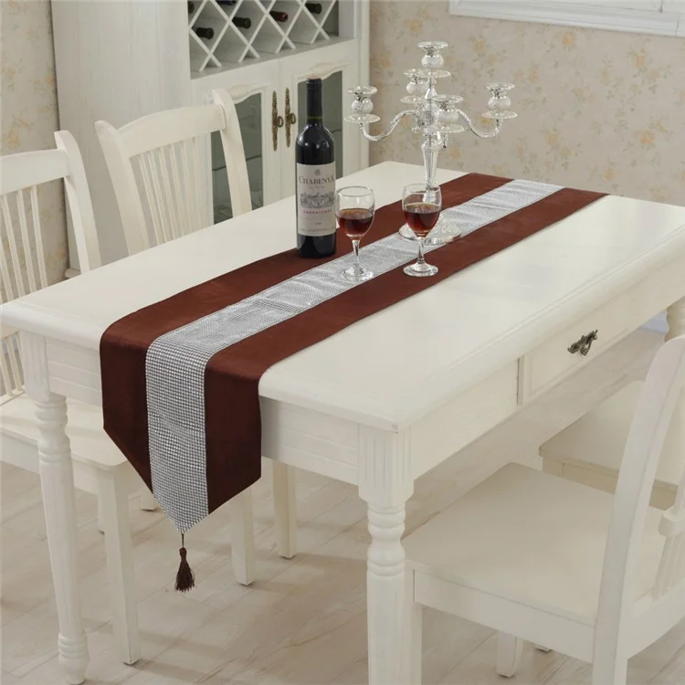 Elegant Table Runner with Diamante Strip and Tassels + 2PCS Placemats - Coffee