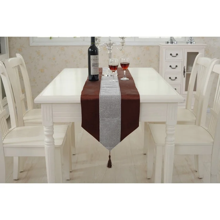 Elegant Table Runner with Diamante Strip and Tassels + 2PCS Placemats - Coffee
