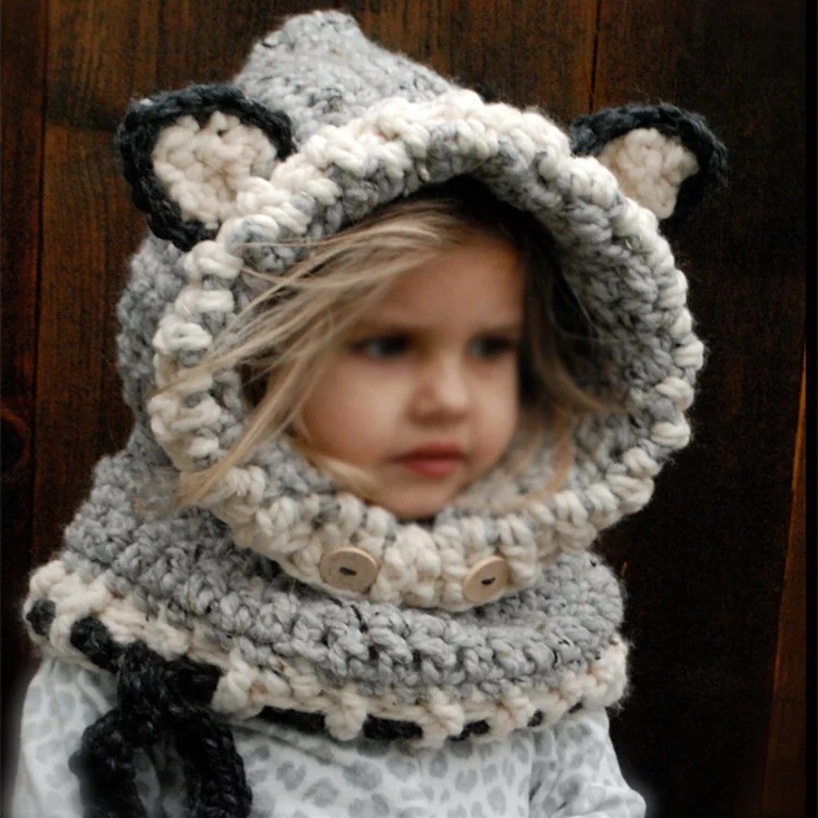 Baby Kids Warm Winter Hat Woolen Earflap Hood Hat with Ears - Grey
