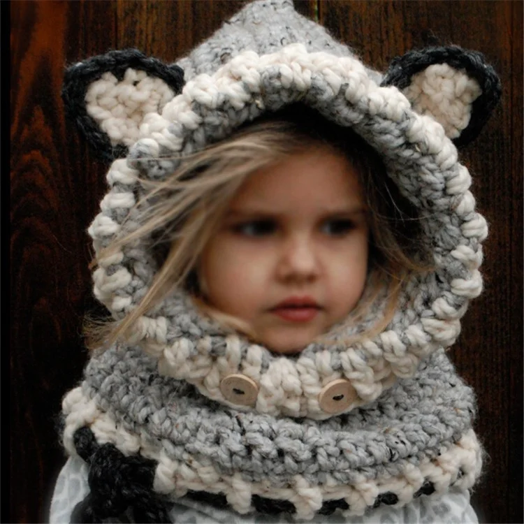 Baby Kids Warm Winter Hat Woolen Earflap Hood Hat with Ears - Grey