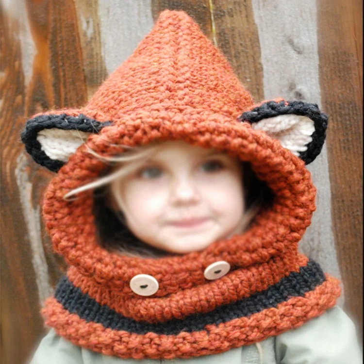 Baby Kids Winter Hat Scarf Woolen Earflap Hood Scarf with Ears - Orange