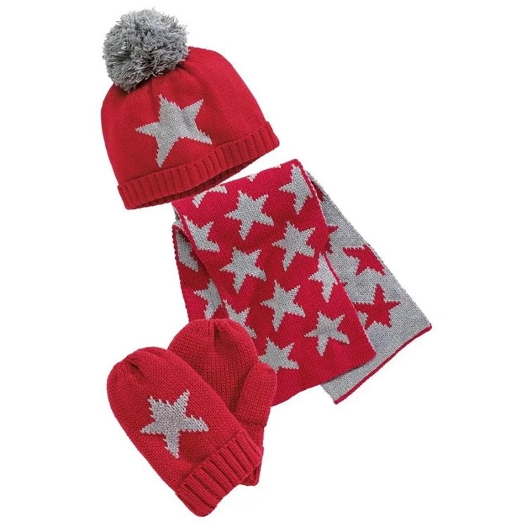 3-Piece Set Knitted Star Kids Autumn Winter Hat + Scarf + Mittens - Red / S Size