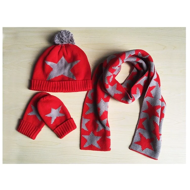 3-Piece Set Knitted Star Kids Autumn Winter Hat + Scarf + Mittens - Red / S Size