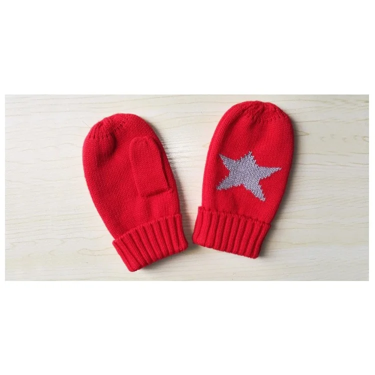 3-Piece Set Knitted Star Kids Autumn Winter Hat + Scarf + Mittens - Red / S Size