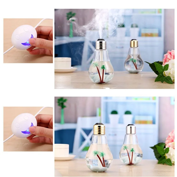 Creative Mini Bulb Humidifier Colorful LED Night Light USB Air Purifier 400ml - Silver Color Head / Transparent