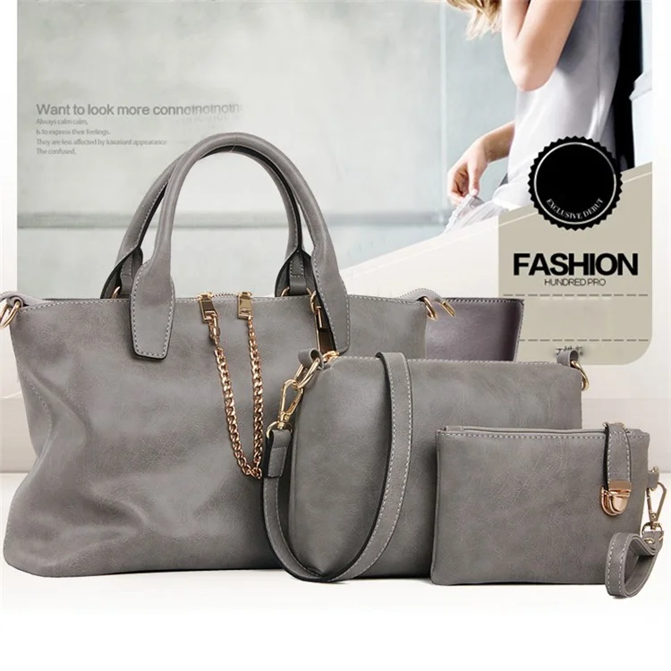 3Pcs/Set Fashion Women Faux Leather Handbag Shoulder Clutch Wallet Bag - Grey