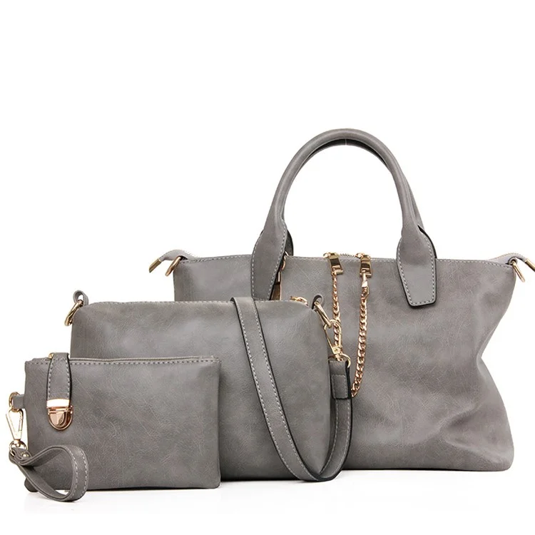 3Pcs/Set Fashion Women Faux Leather Handbag Shoulder Clutch Wallet Bag - Grey