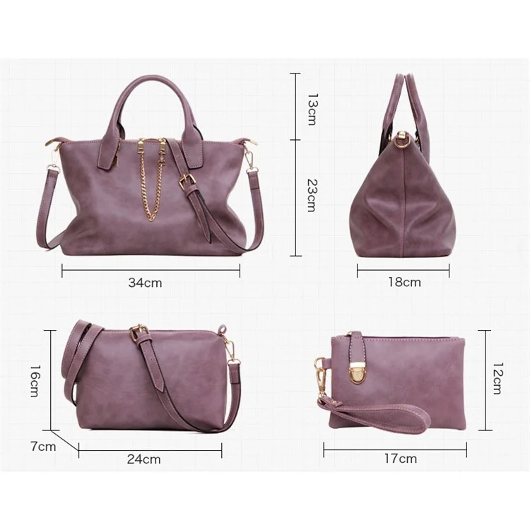 3Pcs/Set Elegant Women Faux Leather Handbag New Fashion Shoulder Bag - Purple