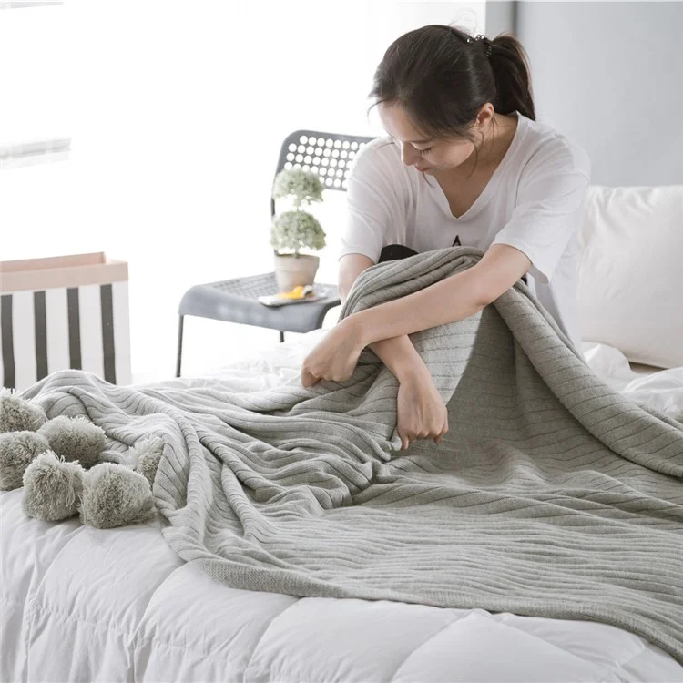Pure Cotton Soft Baby Swaddling Knitted Blanket with Balls, Size: 100 x 105cm - Grey