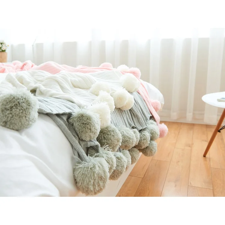 Pure Cotton Soft Baby Swaddling Knitted Blanket with Balls, Size: 100 x 105cm - Grey