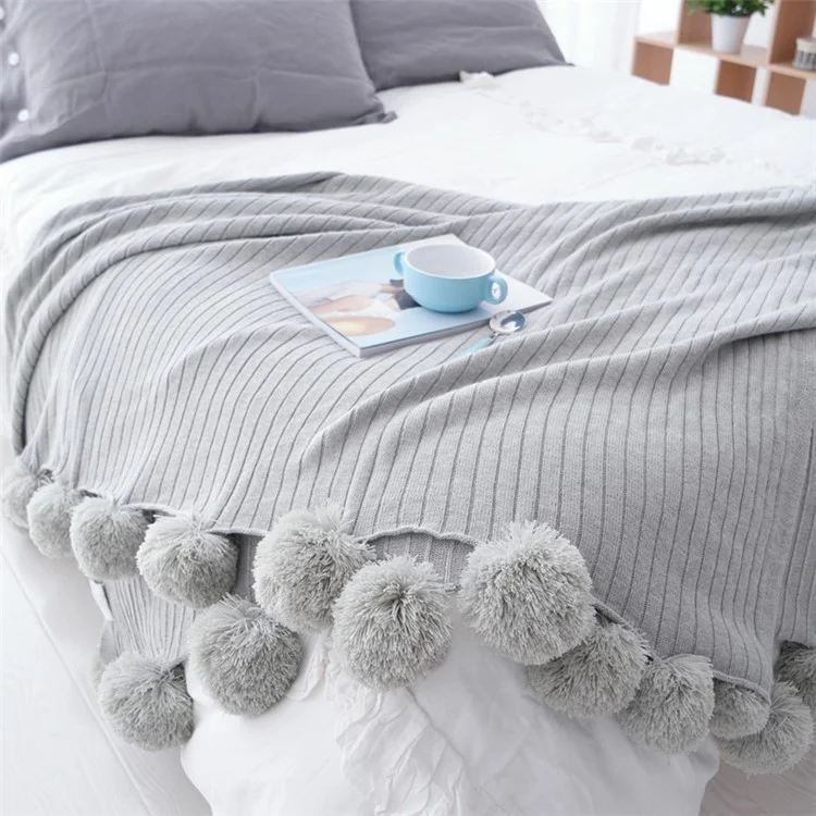 Pure Cotton Soft Baby Swaddling Knitted Blanket with Balls, Size: 100 x 105cm - Grey