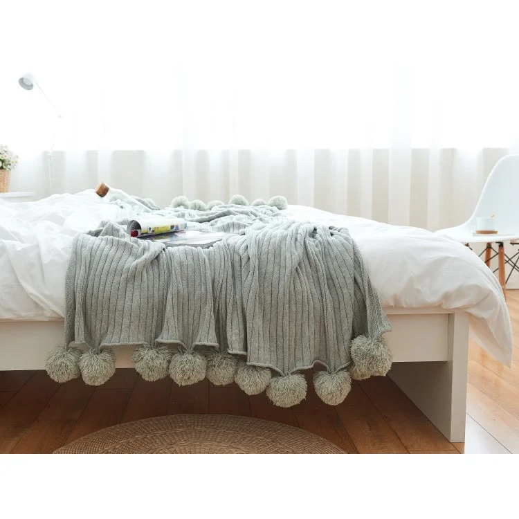 Pure Cotton Soft Baby Swaddling Knitted Blanket with Balls, Size: 100 x 105cm - Grey