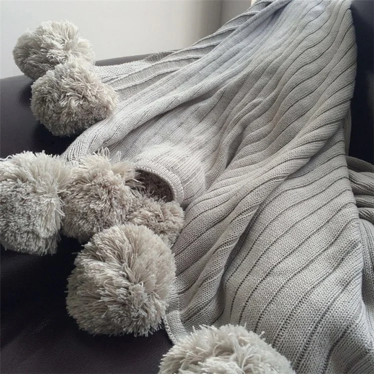 Pure Cotton Soft Baby Swaddling Knitted Blanket with Balls, Size: 100 x 105cm - Grey