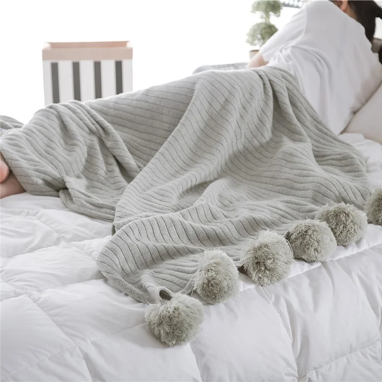 Pure Cotton Soft Baby Swaddling Knitted Blanket with Balls, Size: 100 x 105cm - Grey
