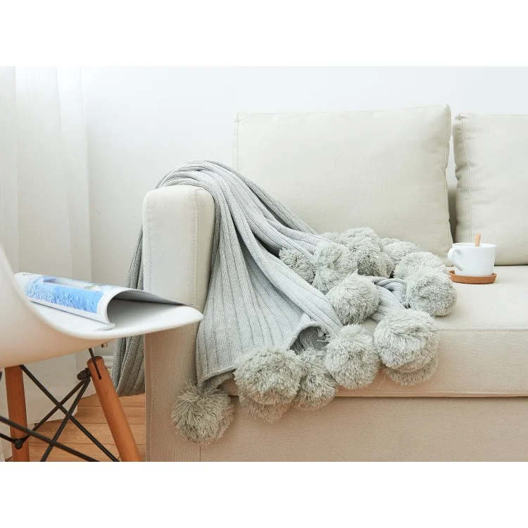Pure Cotton Soft Baby Swaddling Knitted Blanket with Balls, Size: 100 x 105cm - Grey