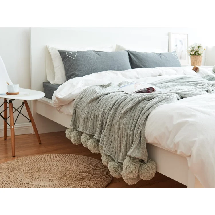 Pure Cotton Soft Baby Swaddling Knitted Blanket with Balls, Size: 100 x 105cm - Grey