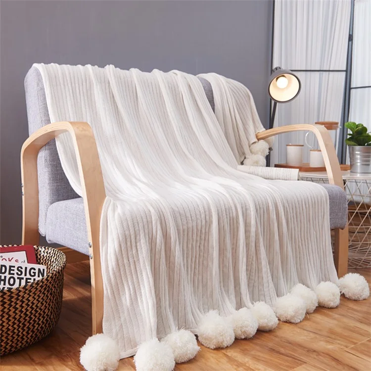 Pure Cotton Soft Warm Knitted Blanket with Puffy Balls, Size: 150 x 200cm - White