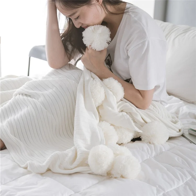 Pure Cotton Soft Warm Knitted Blanket with Puffy Balls, Size: 150 x 200cm - White