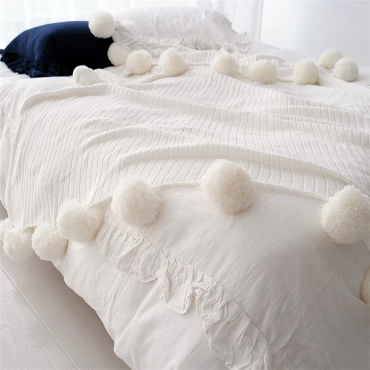 Pure Cotton Soft Warm Knitted Blanket with Puffy Balls, Size: 150 x 200cm - White