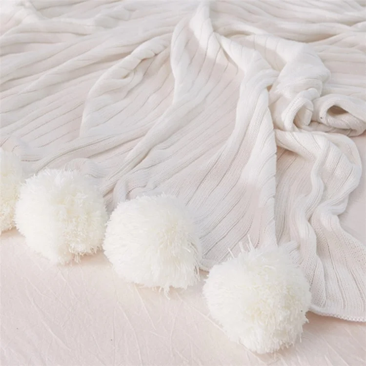 Pure Cotton Soft Warm Knitted Blanket with Puffy Balls, Size: 150 x 200cm - White