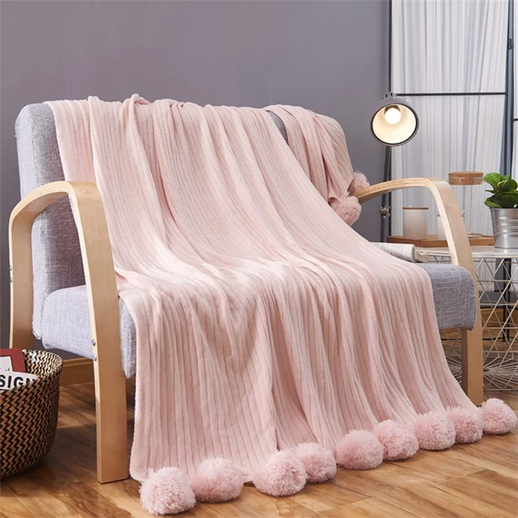 Nordic Style Soft Warm Knitted Pure Cotton Blanket with Balls, Size: 150 x 200cm - Pink