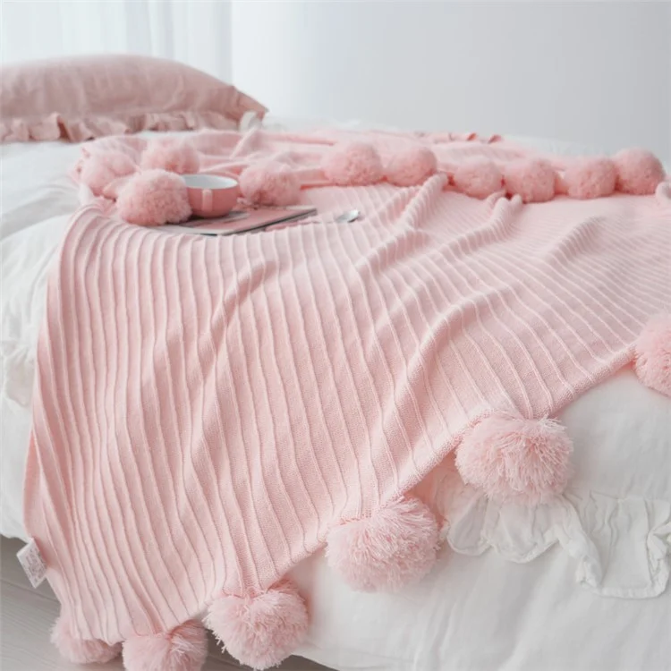 Nordic Style Soft Warm Knitted Pure Cotton Blanket with Balls, Size: 150 x 200cm - Pink