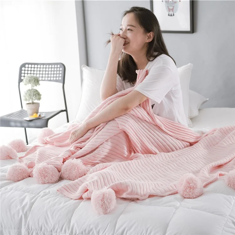 Nordic Style Soft Warm Knitted Pure Cotton Blanket with Balls, Size: 150 x 200cm - Pink