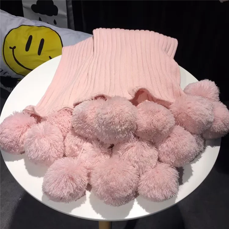 Nordic Style Soft Warm Knitted Pure Cotton Blanket with Balls, Size: 150 x 200cm - Pink