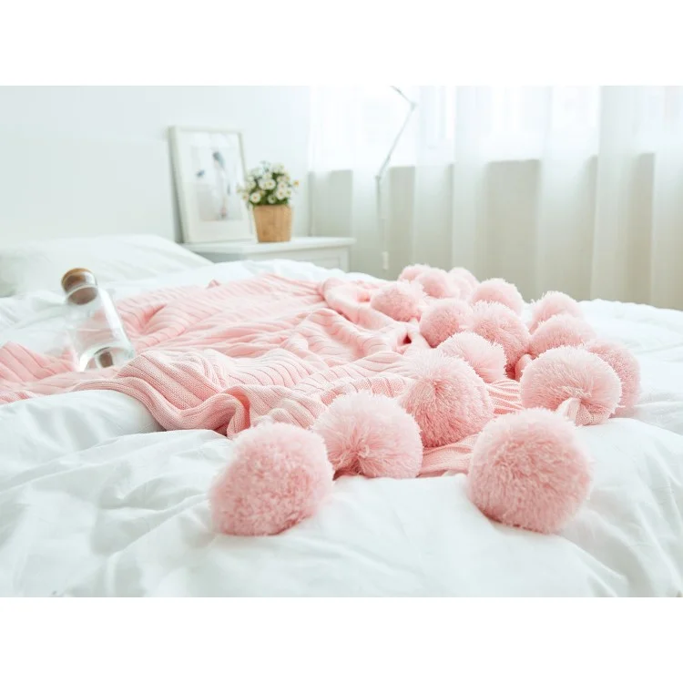 Nordic Style Soft Warm Knitted Pure Cotton Blanket with Balls, Size: 150 x 200cm - Pink