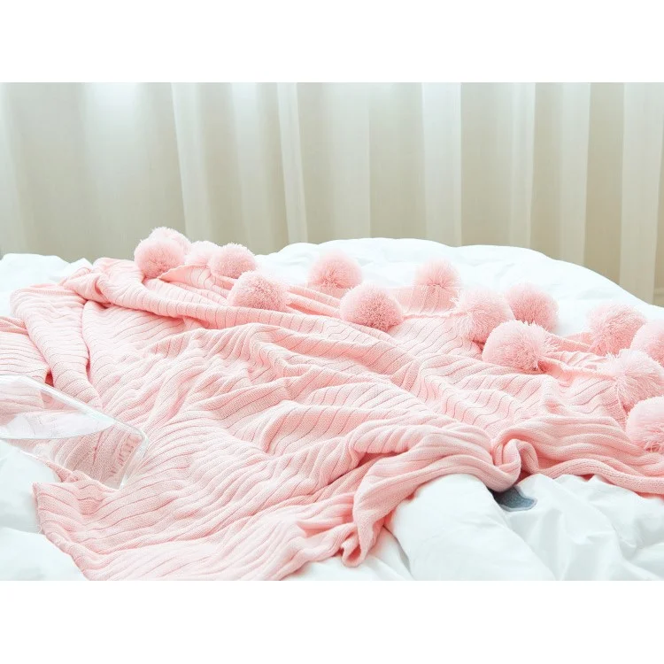 Nordic Style Soft Warm Knitted Pure Cotton Blanket with Balls, Size: 150 x 200cm - Pink