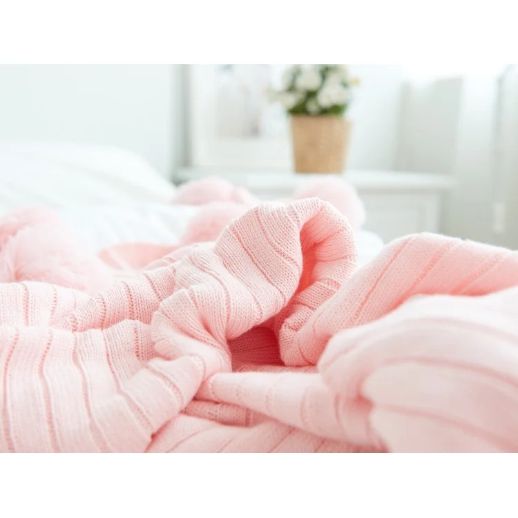 Nordic Style Soft Warm Knitted Pure Cotton Blanket with Balls, Size: 150 x 200cm - Pink