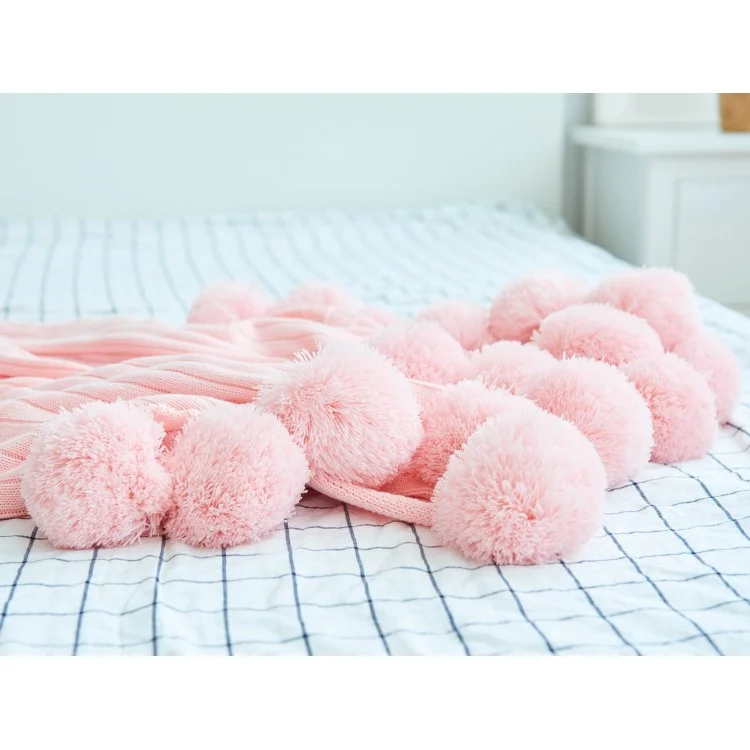 Nordic Style Soft Warm Knitted Pure Cotton Blanket with Balls, Size: 150 x 200cm - Pink
