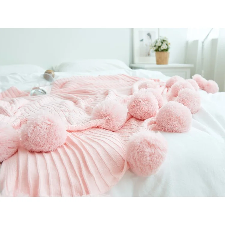Nordic Style Soft Warm Knitted Pure Cotton Blanket with Balls, Size: 150 x 200cm - Pink