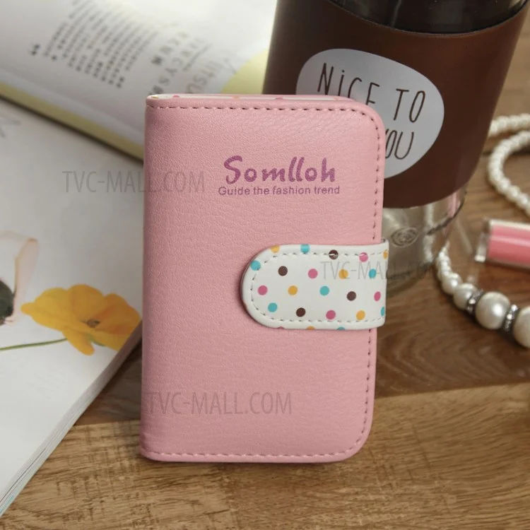 SOMLLOH Lady Polka Dots PU Leather Multiple Business Cards Holder Pocket - Pink