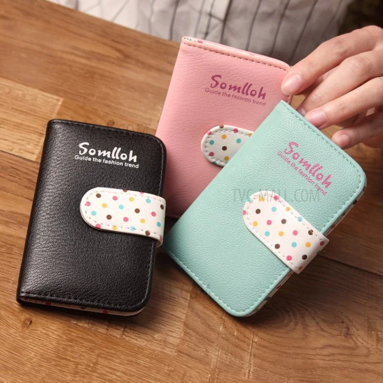 SOMLLOH Lady Polka Dots PU Leather Multiple Business Cards Holder Pocket - Pink