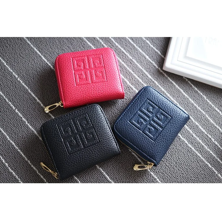 SOMLLOH Portable Litchi Texture Leather Credit Card Purse Small Zipper Wallet - Red