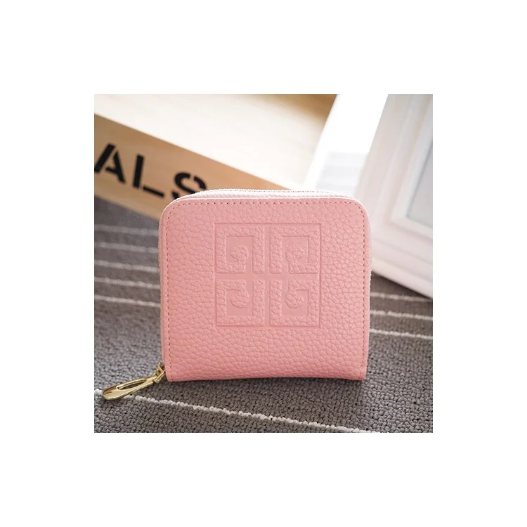 SOMLLOH Litchi Texture Leather Small Zipper Wallet Card Holder Purse - Pink