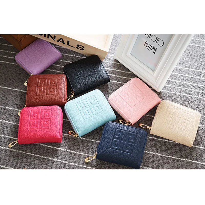 SOMLLOH Litchi Texture Leather Small Zipper Wallet Card Holder Purse - Pink