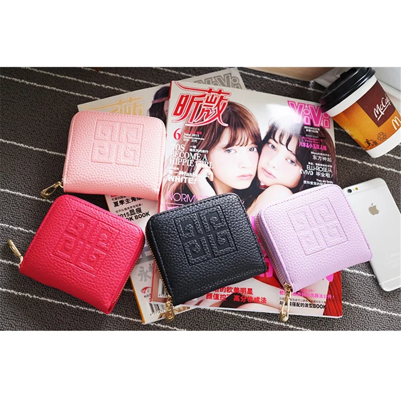 SOMLLOH Litchi Texture Leather Small Zipper Wallet Card Holder Purse - Pink