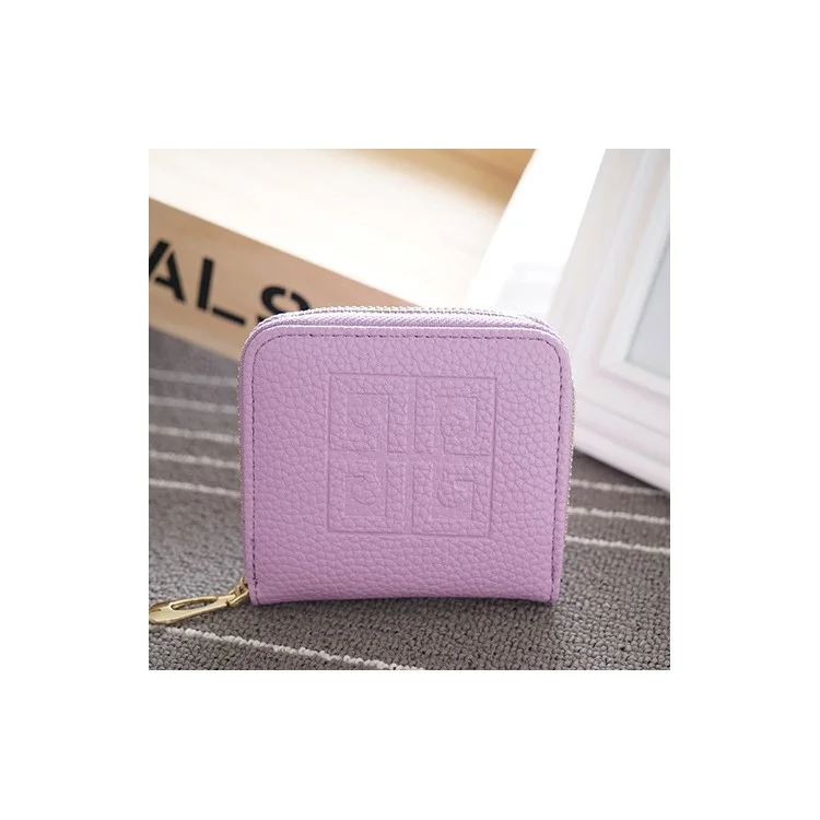 SOMLLOH Small Zipper Leather Wallet Litchi Texture Credit Card Purse - Purple
