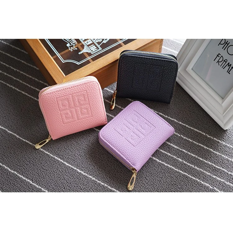 SOMLLOH Small Zipper Leather Wallet Litchi Texture Credit Card Purse - Purple