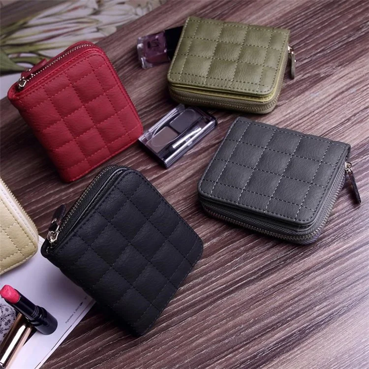 Short Style Stitching Grid Leather Cash Cards Wallet for Ladies, Size: 12 x 10 x 3cm - Beige