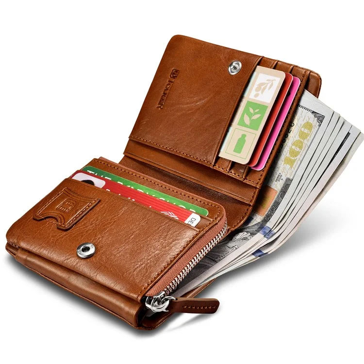 ICARER Luxury Genuine Leather Tri-fold Men Wallet with Coin Zipper Pouch - Brown